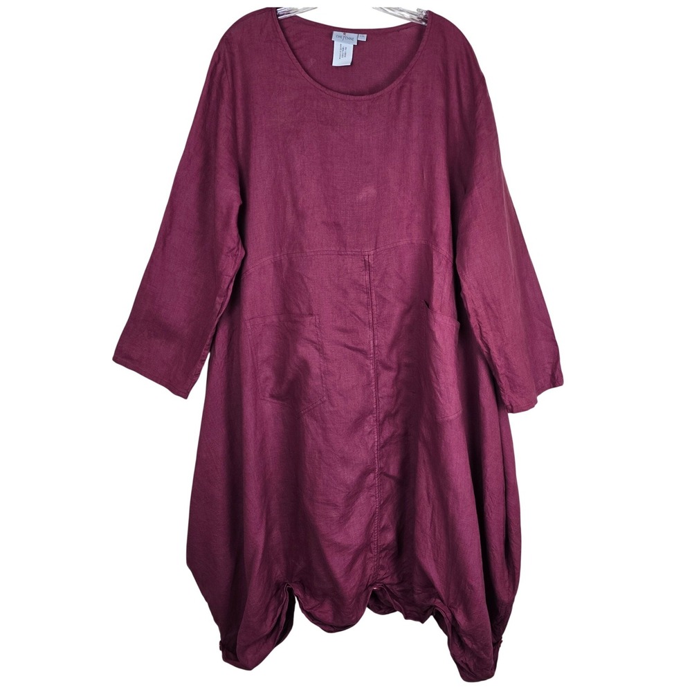 Cheyenne 100% Linen Balloon Dress L/XL Magenta Wine Red lagenlook Pockets Midi